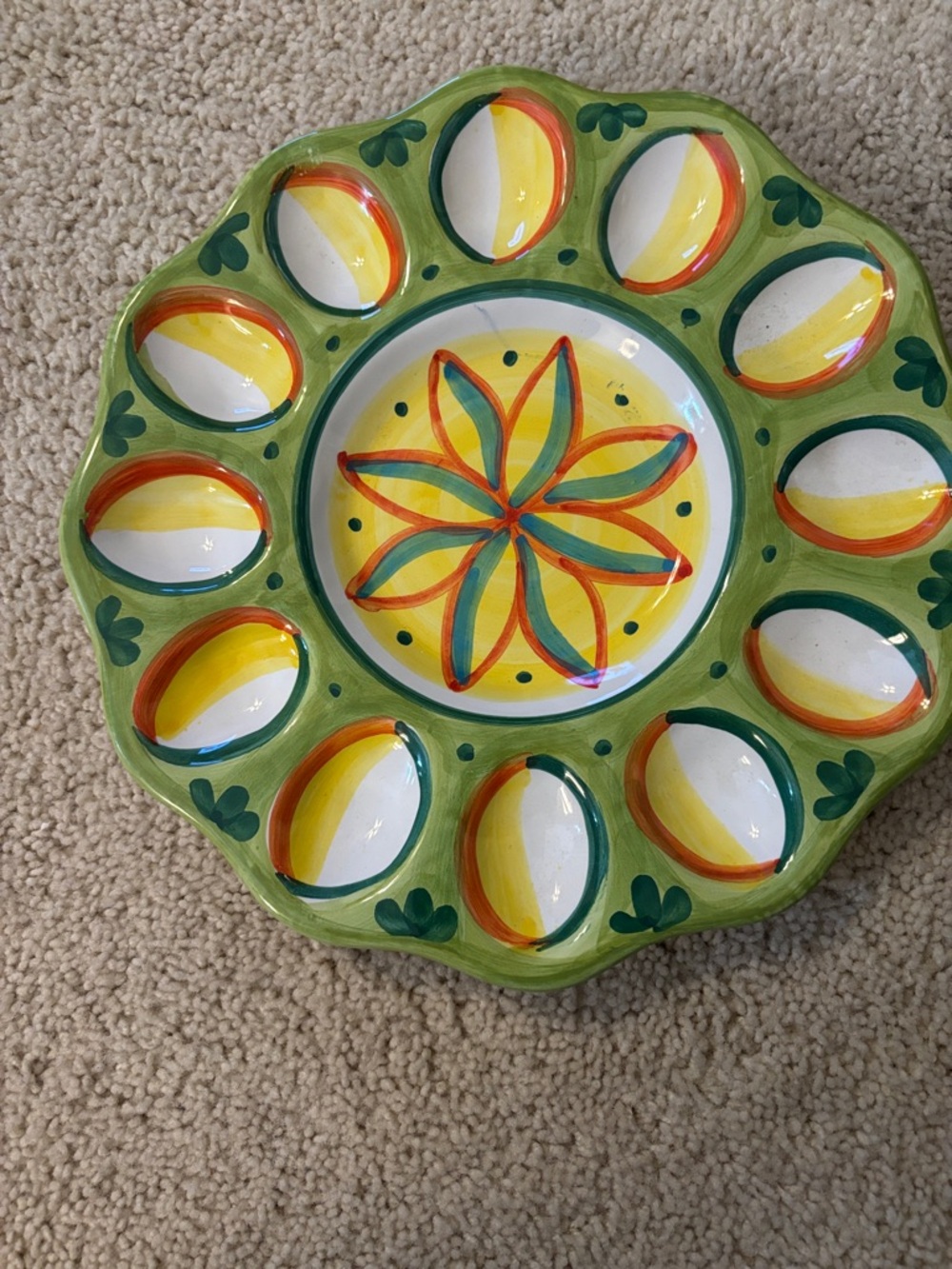 DERUTA Hand-Painted Ceramic Deviled Egg Platter - Green Yellow Red